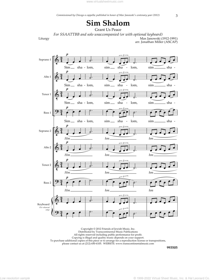 Sim Shalom sheet music for choir (SSAATTBB) by Max Janowski and Jonathan Miller, intermediate skill level