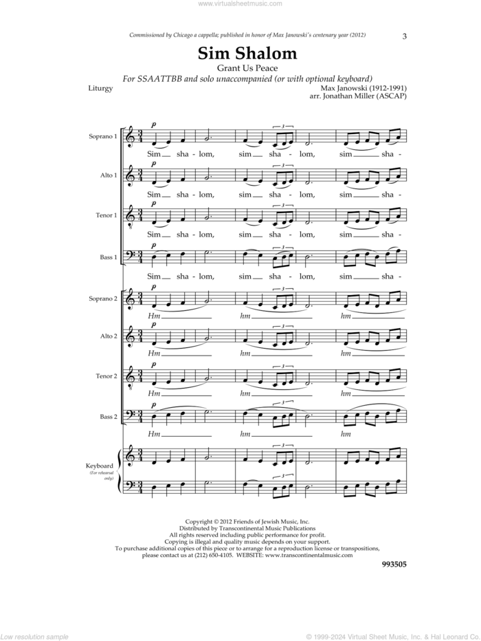 Sim Shalom sheet music for choir (SSAATTBB) by Max Janowski and Jonathan Miller, intermediate skill level