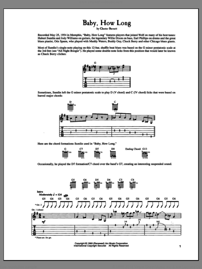 Baby How Long sheet music for guitar (tablature) by Howlin' Wolf and Chester Burnett, intermediate skill level