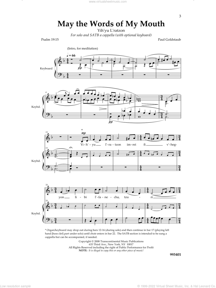 May the Words of My Mouth sheet music for choir (SATB: soprano, alto, tenor, bass) by Paul Goldstaub, intermediate skill level