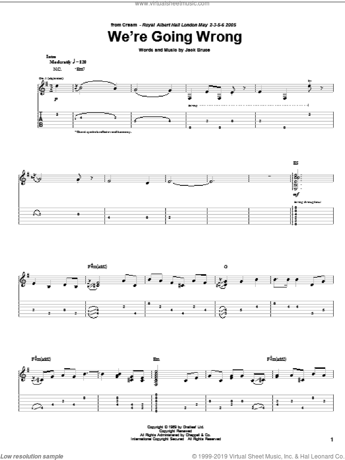 We're Going Wrong sheet music for guitar (tablature) by Cream and Jack Bruce, intermediate skill level