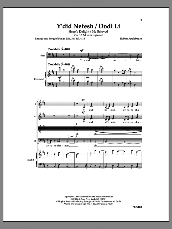 Y'did Nefesh/Dodi Li sheet music for choir (SATB: soprano, alto, tenor, bass) by Robert Applebaum, intermediate skill level