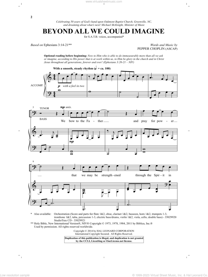 Beyond All We Could Imagine sheet music for choir (SATB: soprano, alto, tenor, bass) by Pepper Choplin, intermediate skill level