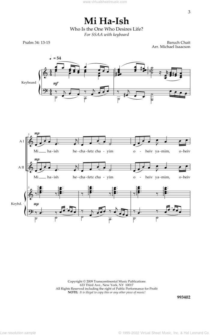 Mi Ha-Ish sheet music for choir (SSAA: soprano, alto) by Michael Isaacson and Baruch Chait, intermediate skill level