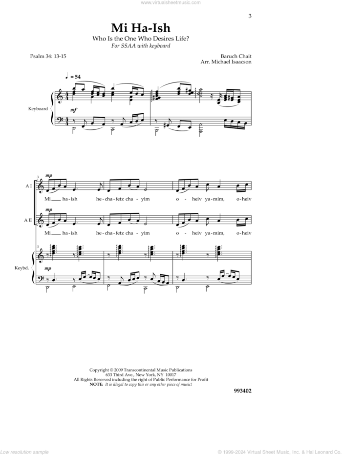 Mi Ha-Ish sheet music for choir (SSAA: soprano, alto) by Michael Isaacson and Baruch Chait, intermediate skill level