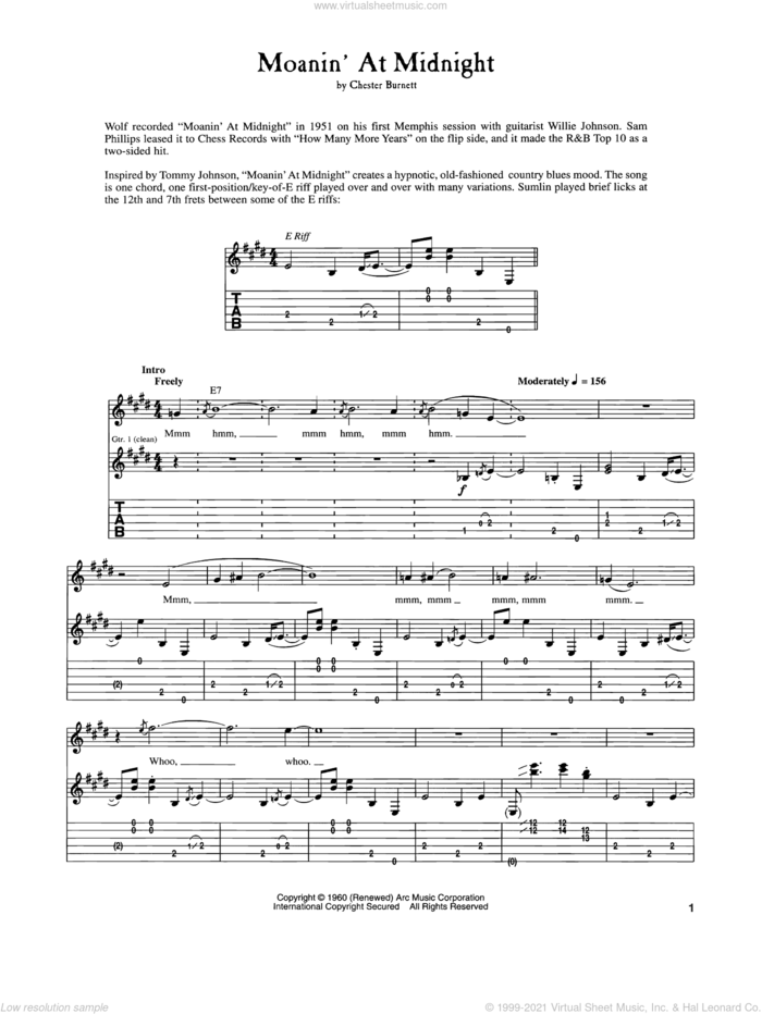 Moanin' At Midnight sheet music for guitar (tablature) by Howlin' Wolf and Chester Burnett, intermediate skill level