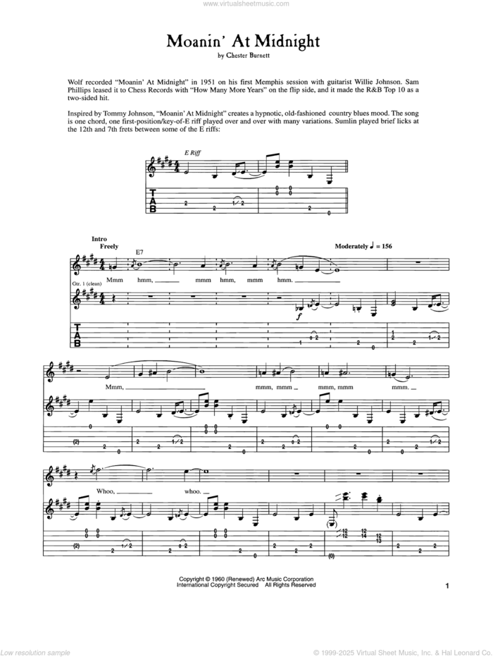 Moanin' At Midnight sheet music for guitar (tablature) by Howlin' Wolf and Chester Burnett, intermediate skill level