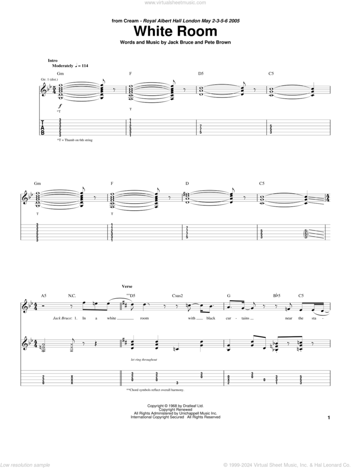 White Room sheet music for guitar (tablature) by Cream, Eric Clapton, Jack Bruce and Pete Brown, intermediate skill level