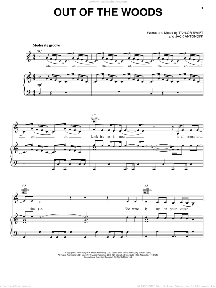 Out Of The Woods sheet music for voice, piano or guitar by Taylor Swift and Jack Antonoff, intermediate skill level