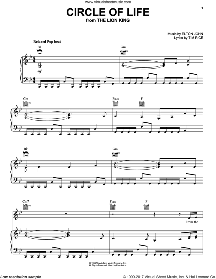 Circle Of Life (from The Lion King) sheet music for voice, piano or guitar by Elton John, The Lion King and Tim Rice, intermediate skill level