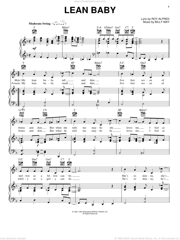 Lean Baby sheet music for voice, piano or guitar by Frank Sinatra, Billy May and Roy Alfred, intermediate skill level