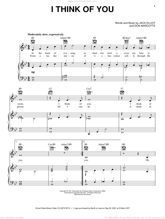I Think Of You sheet music for voice, piano or guitar by Frank Sinatra, Don Marcotte and Jack Elliot, intermediate skill level
