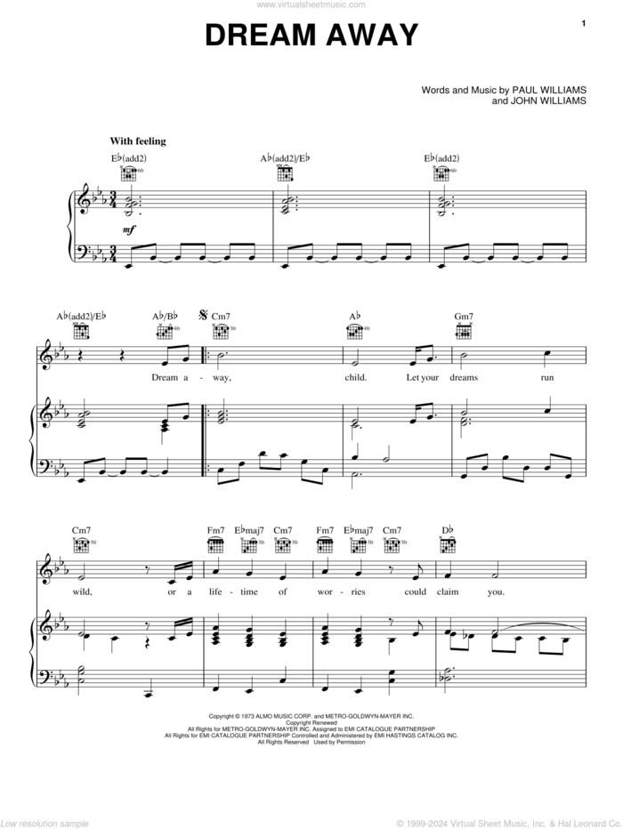 Dream Away sheet music for voice, piano or guitar by Frank Sinatra, John Williams and Paul Williams, intermediate skill level