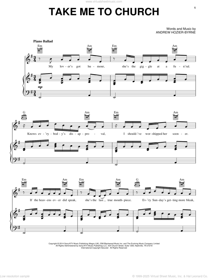 Take Me To Church sheet music for voice, piano or guitar by Hozier and Andrew Hozier-Byrne, intermediate skill level