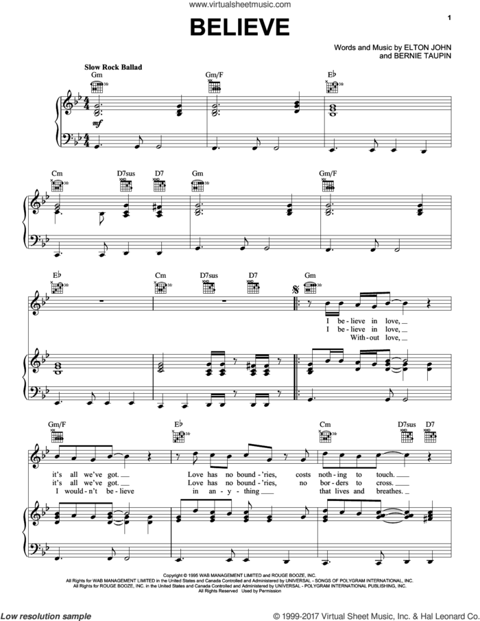 Believe sheet music for voice, piano or guitar by Elton John and Bernie Taupin, intermediate skill level