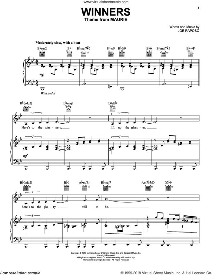 Winners sheet music for voice, piano or guitar by Frank Sinatra and Joe Raposo, intermediate skill level