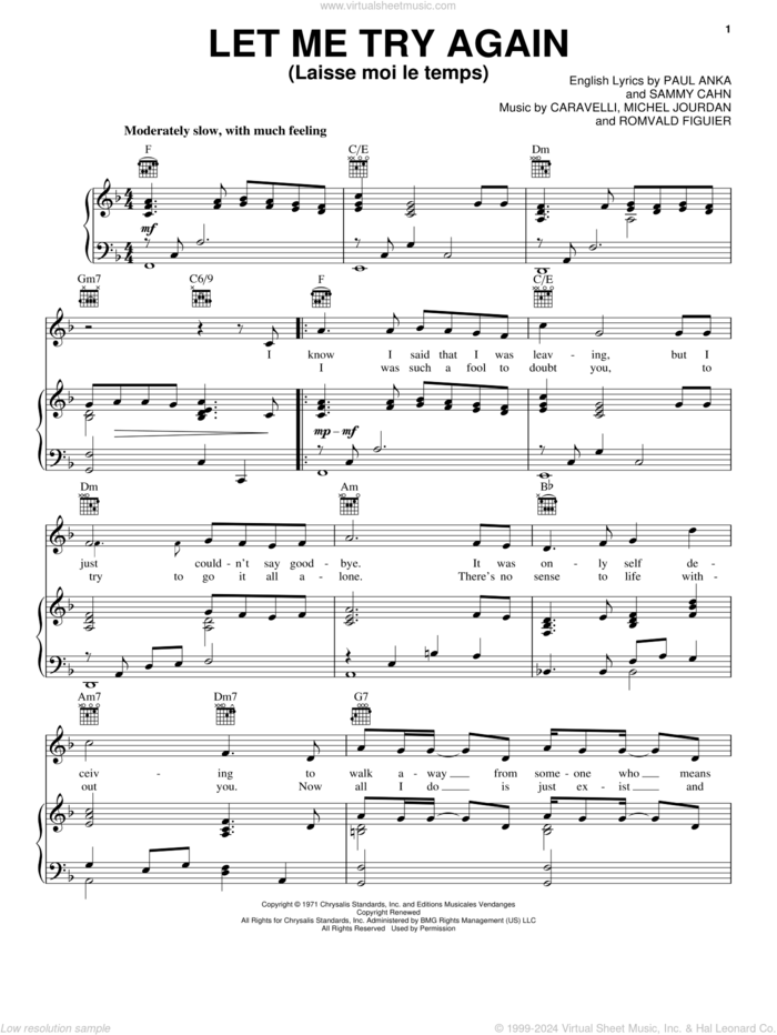 Let Me Try Again (Laisse Moi Le Temps) sheet music for voice, piano or guitar by Frank Sinatra, Caravelli, Michel Jourdan, Paul Anka, Romvald Figuier and Sammy Cahn, intermediate skill level