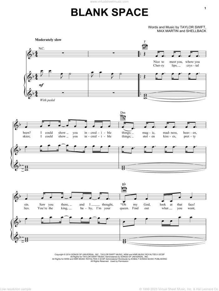 Blank Space sheet music for voice, piano or guitar by Taylor Swift, Johan Schuster, Max Martin and Shellback, intermediate skill level