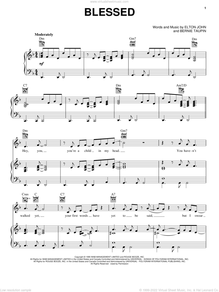 Blessed sheet music for voice, piano or guitar by Elton John and Bernie Taupin, intermediate skill level