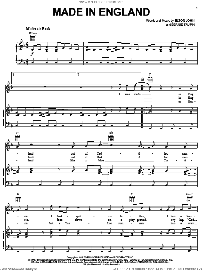 Made In England sheet music for voice, piano or guitar by Elton John and Bernie Taupin, intermediate skill level