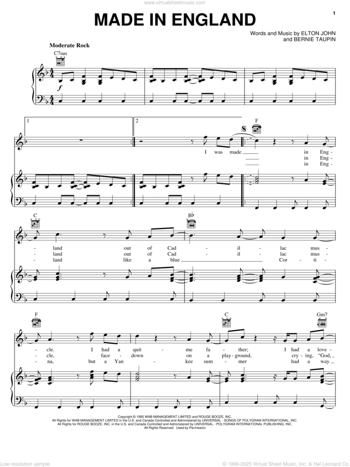 Made In England sheet music for voice, piano or guitar by Elton John and Bernie Taupin, intermediate skill level