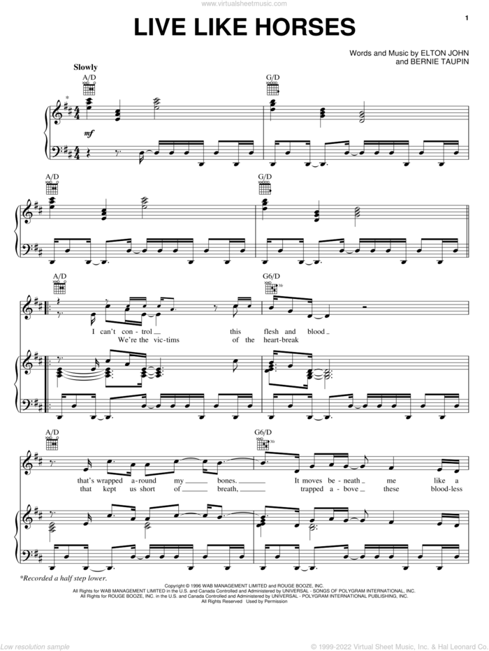 Live Like Horses sheet music for voice, piano or guitar by Elton John and Bernie Taupin, intermediate skill level