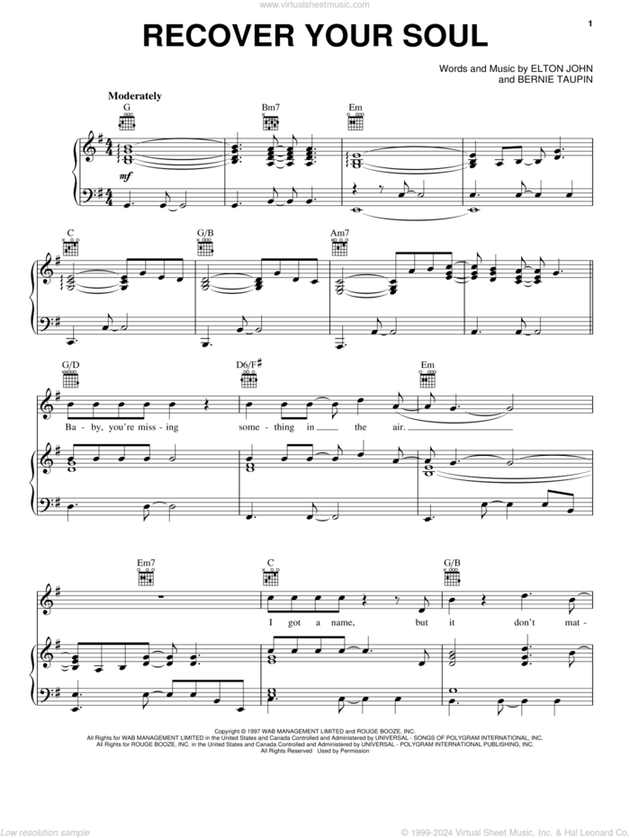 Recover Your Soul sheet music for voice, piano or guitar by Elton John and Bernie Taupin, intermediate skill level