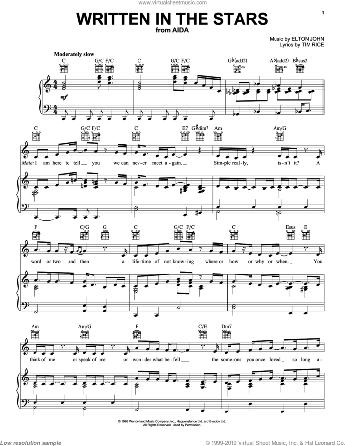 Written In The Stars (from Aida) sheet music for voice, piano or guitar by Elton John, Aida (Musical), LeAnn Rimes and Tim Rice, intermediate skill level