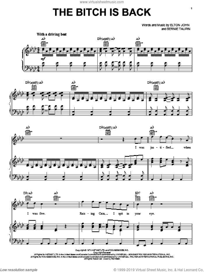 The Bitch Is Back sheet music for voice, piano or guitar by Elton John and Bernie Taupin, intermediate skill level