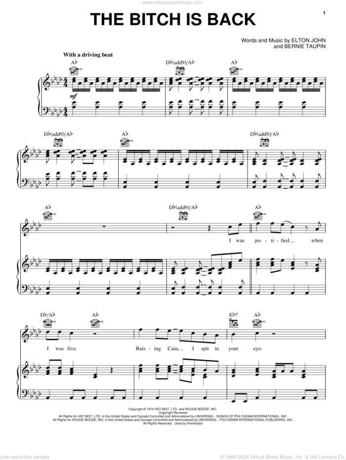The Bitch Is Back sheet music for voice, piano or guitar by Elton John and Bernie Taupin, intermediate skill level