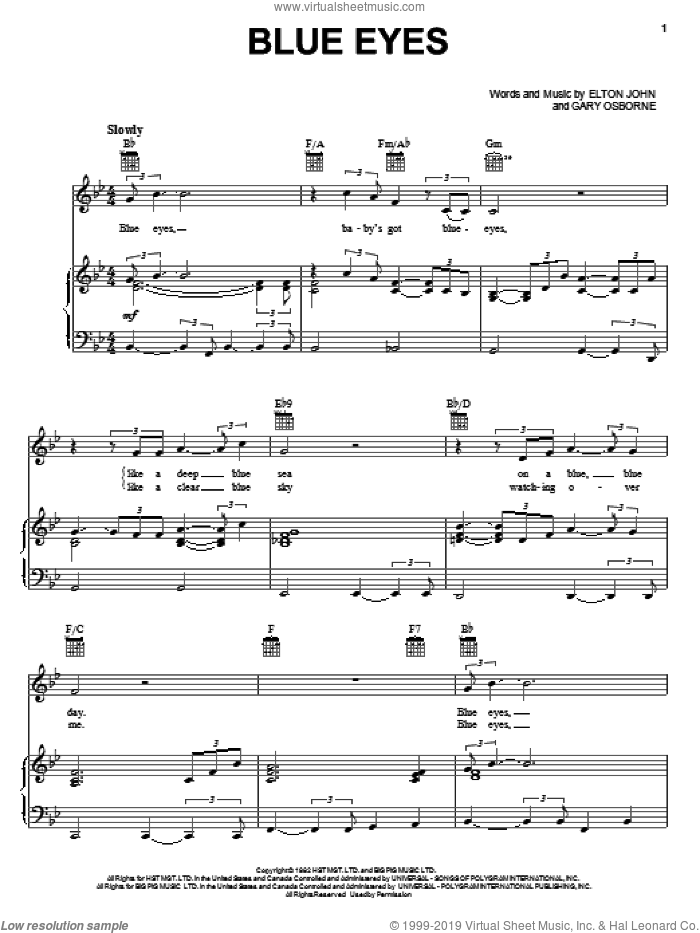 Blue Eyes sheet music for voice, piano or guitar by Elton John and Gary Osborne, intermediate skill level