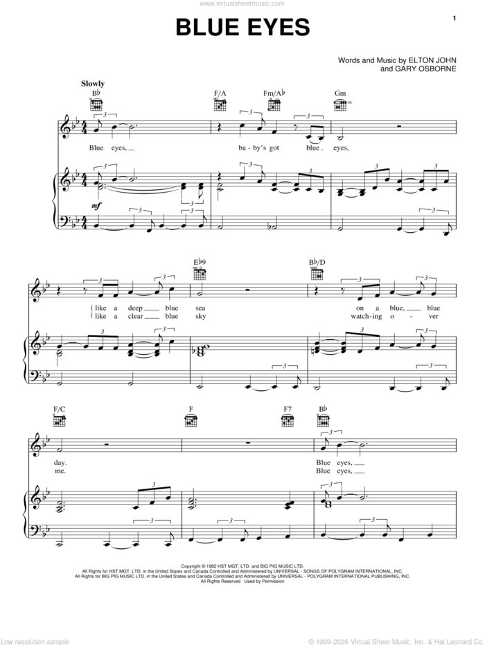 Blue Eyes sheet music for voice, piano or guitar by Elton John and Gary Osborne, intermediate skill level