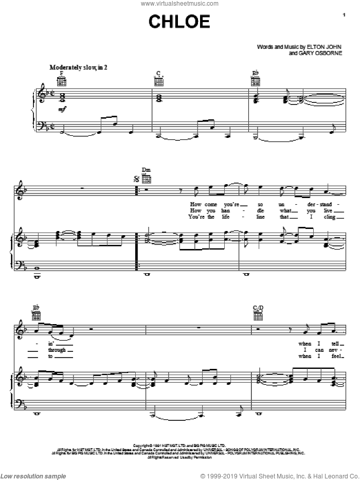 Chloe sheet music for voice, piano or guitar by Elton John and Gary Osborne, intermediate skill level