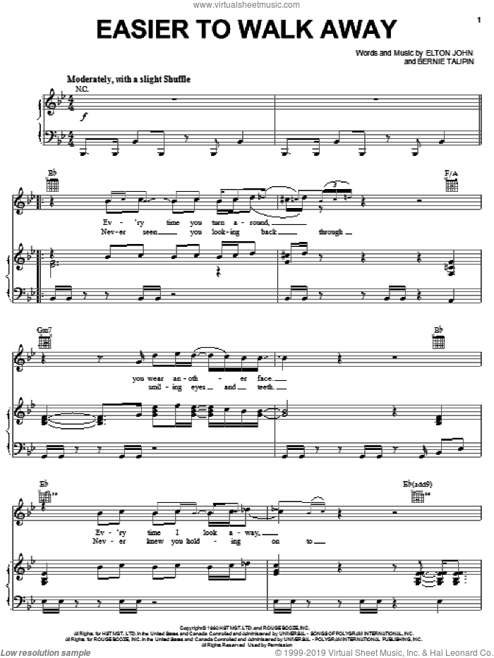Easier To Walk Away sheet music for voice, piano or guitar by Elton John and Bernie Taupin, intermediate skill level