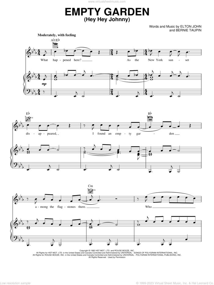 Empty Garden (Hey Hey Johnny) sheet music for voice, piano or guitar by Elton John and Bernie Taupin, intermediate skill level