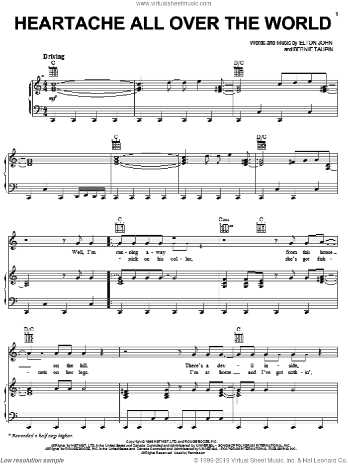 Heartache All Over The World sheet music for voice, piano or guitar by Elton John and Bernie Taupin, intermediate skill level