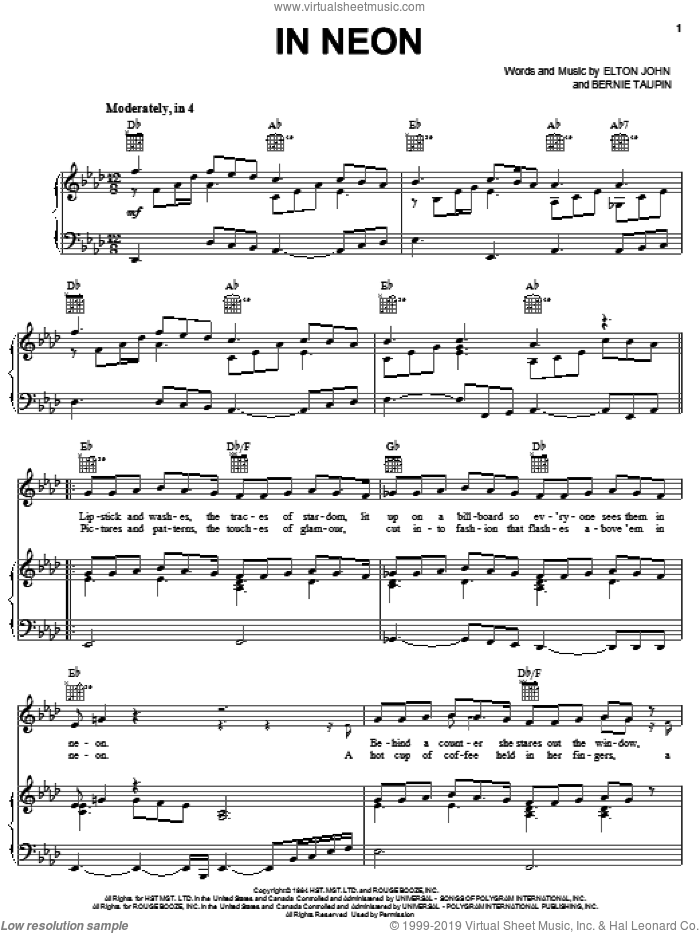 In Neon sheet music for voice, piano or guitar by Elton John and Bernie Taupin, intermediate skill level