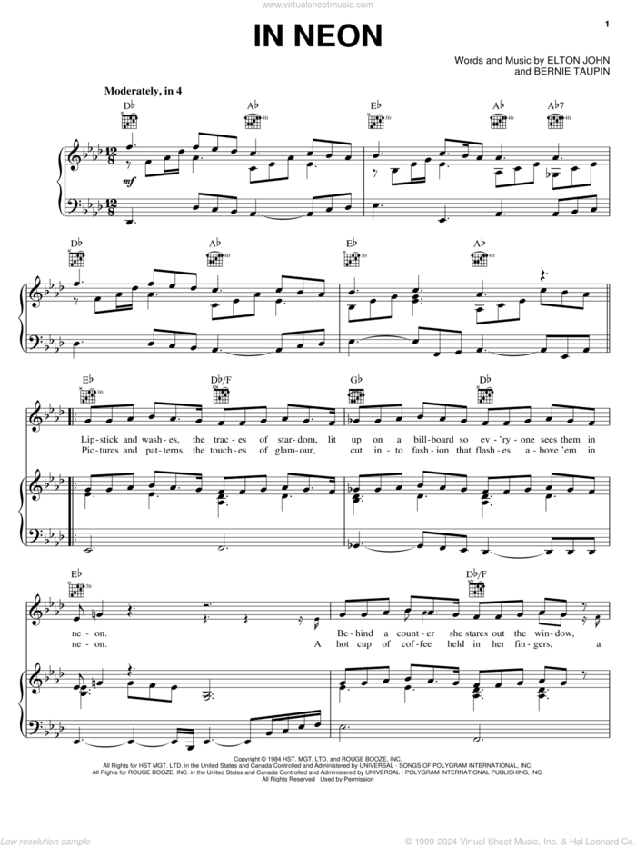 In Neon sheet music for voice, piano or guitar by Elton John and Bernie Taupin, intermediate skill level