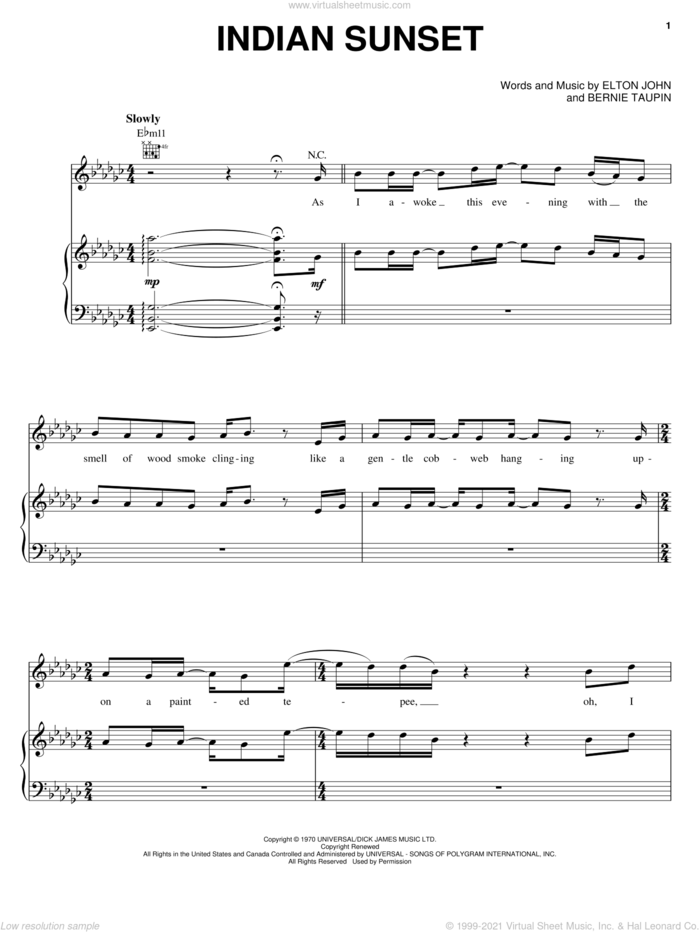 Indian Sunset sheet music for voice, piano or guitar by Elton John and Bernie Taupin, intermediate skill level
