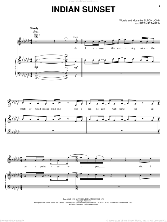 Indian Sunset sheet music for voice, piano or guitar by Elton John and Bernie Taupin, intermediate skill level