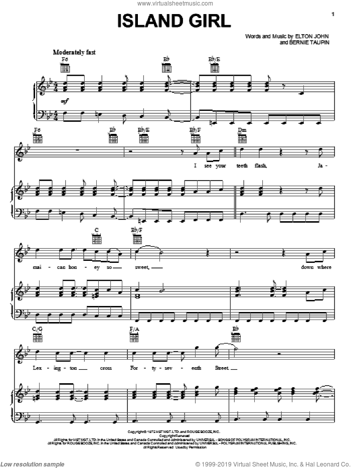 Island Girl sheet music for voice, piano or guitar by Elton John and Bernie Taupin, intermediate skill level