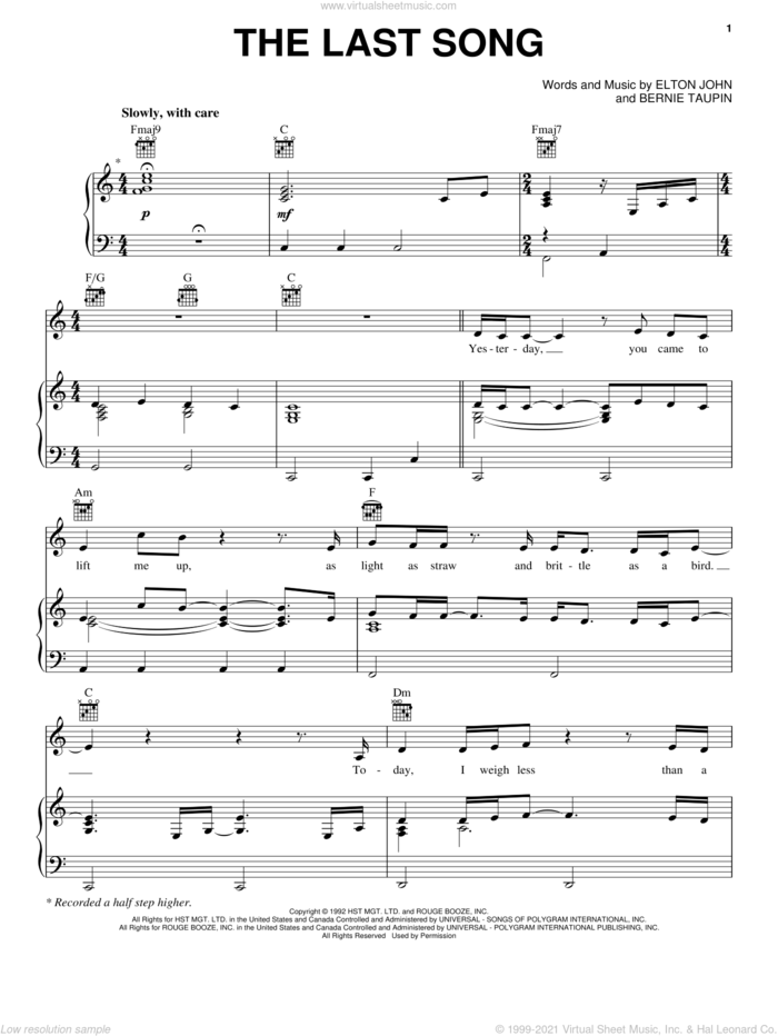 The Last Song sheet music for voice, piano or guitar by Elton John and Bernie Taupin, intermediate skill level