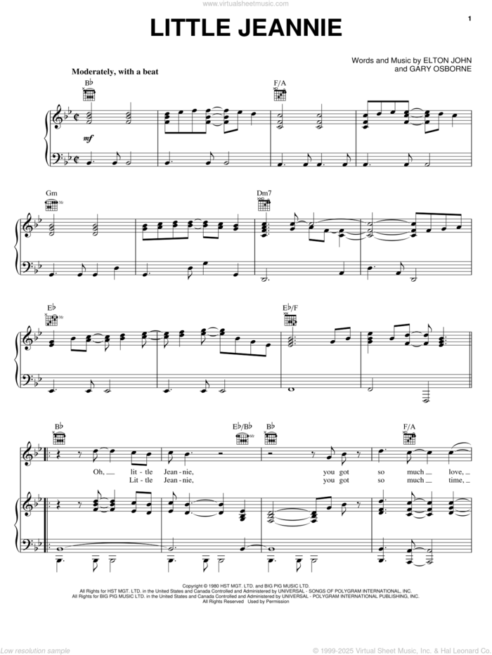 Little Jeannie sheet music for voice, piano or guitar by Elton John and Gary Osborne, intermediate skill level