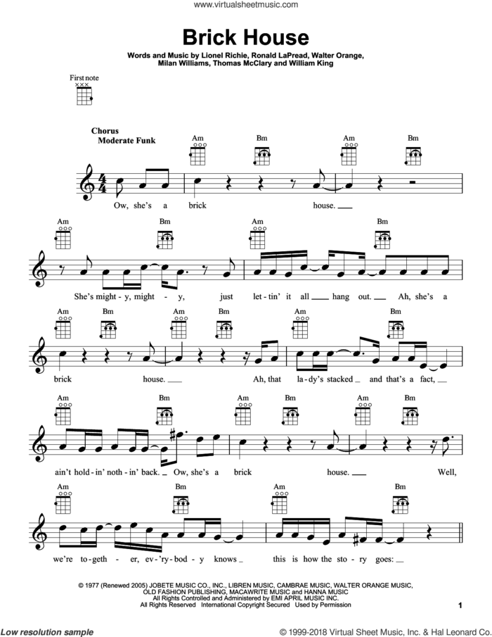 Brick House sheet music for ukulele by Lionel Richie, The Commodores, Milan Williams, Ronald LaPread, Thomas McClary, Walter Orange and William King, intermediate skill level
