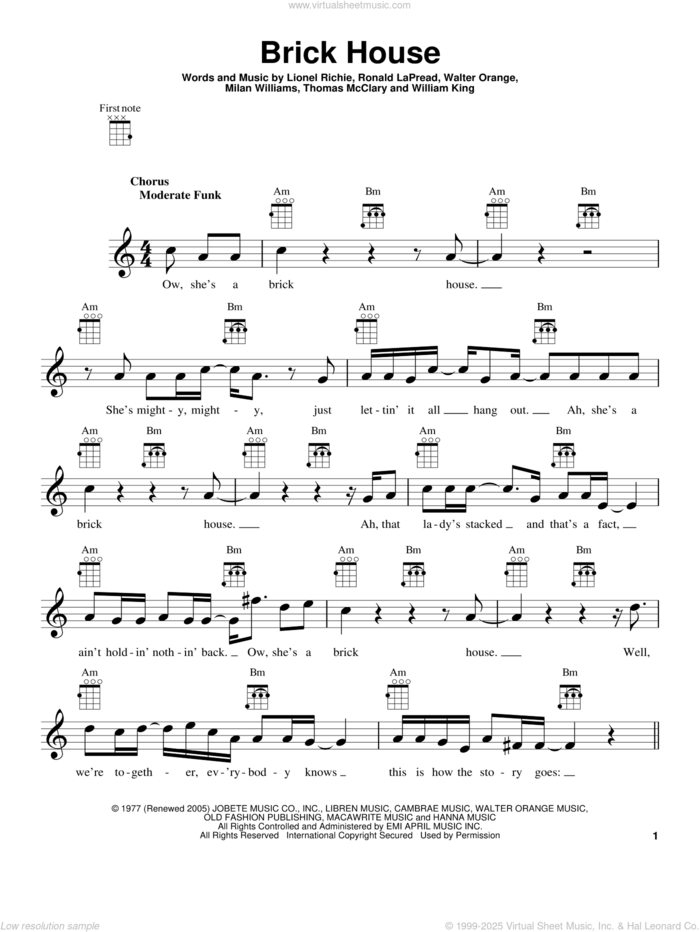 Brick House sheet music for ukulele by Lionel Richie, The Commodores, Milan Williams, Ronald LaPread, Thomas McClary, Walter Orange and William King, intermediate skill level