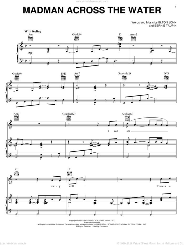 Madman Across The Water sheet music for voice, piano or guitar by Elton John and Bernie Taupin, intermediate skill level