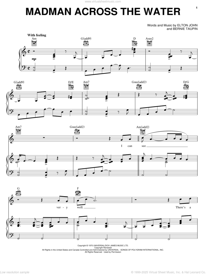 Madman Across The Water sheet music for voice, piano or guitar by Elton John and Bernie Taupin, intermediate skill level