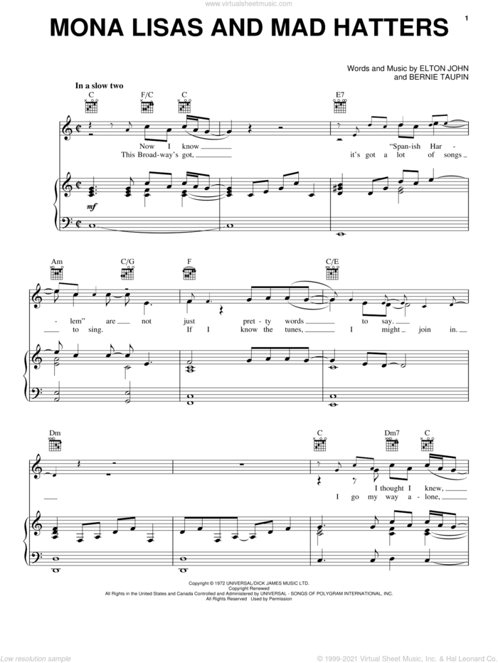 Mona Lisas And Mad Hatters sheet music for voice, piano or guitar by Elton John and Bernie Taupin, intermediate skill level