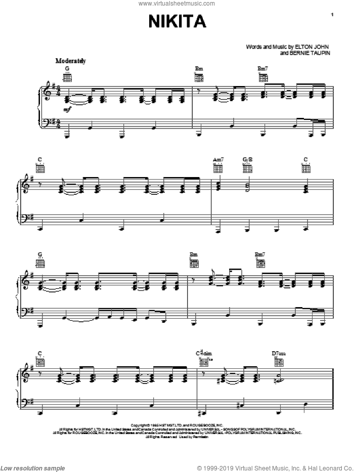 Nikita sheet music for voice, piano or guitar by Elton John and Bernie Taupin, intermediate skill level