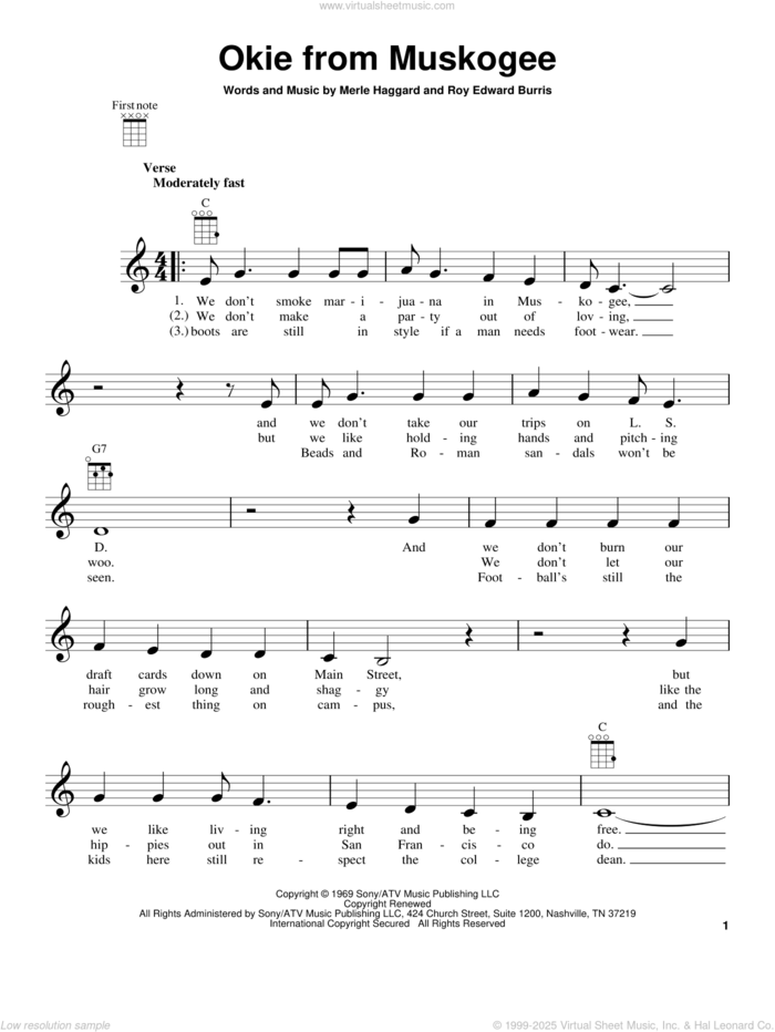 Okie From Muskogee sheet music for ukulele by Merle Haggard and Roy Edward Burris, intermediate skill level